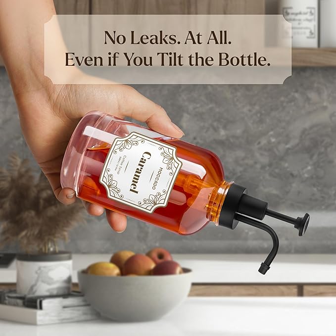 Glass Coffee Syrup Dispenser for Coffee Bar - Set of 2 Black 500 ml / 16.9 oz Glass Syrup Bottles, Includes Bamboo Tray, 16 Stencils, Labels, Coffee Bar Accessories