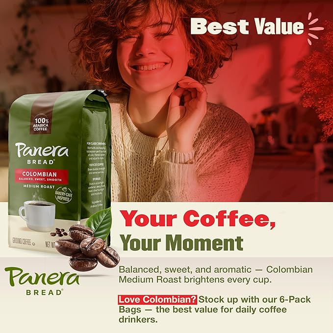 Panera Colombian Ground Coffee, Medium Roast With Brown Sugar Hints - Smooth Balanced Everyday Brew, 100% Arabica Beans, Clean Label No Artificial Ingredients - Kosher Certified, 12oz Bag Pack of 6 (72oz Total)