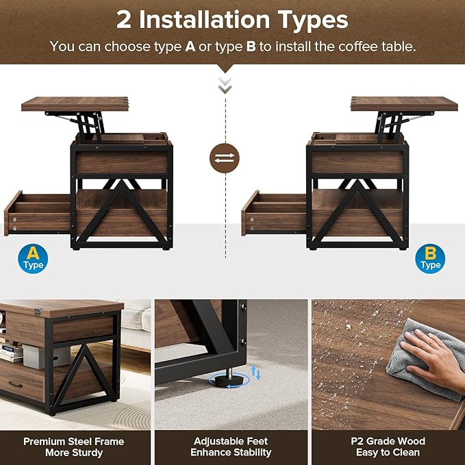 40" Lift Top Coffee Table,4 in 1 Multi-Function Lift Coffee Tables with Storage Drawers and Hidden Compartmen,Farmhouse Coffee Table with Lifting top for Living Room, Walnut