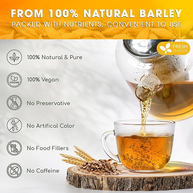 FreshDrinkUS, Premium 50 Barley Tea Bags, 100% Natural & Pure from Barley. Herbal Tea. Made with Natural Material Tea Bags. No Sugar, No Caffeine, No Gluten, Vegan.