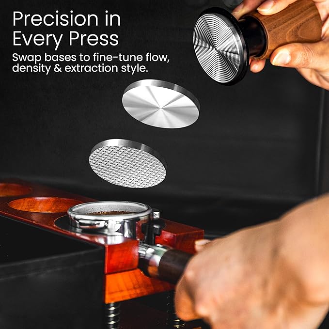 Calibrated Espresso Tamper with 30lb Click Feedback – 3 Interchangeable Bases for Custom Tamping (Convex, Grooved, Waffle) – Ergonomic Handle – Fits 54mm Breville-Compatible Portafilters