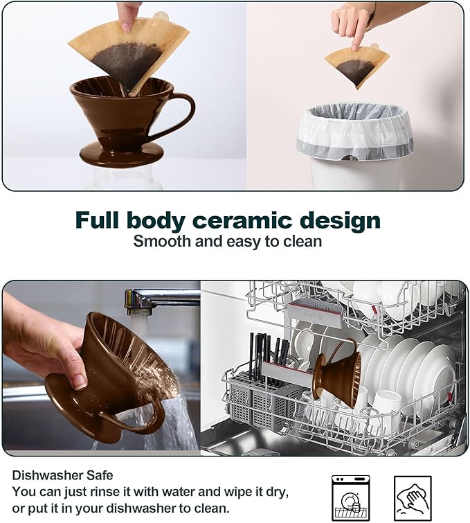 Pour Over Coffee Dripper - Ceramic Cup, Pour Over Coffee Maker Cone, Porcelain Cone, Easy Manual Brew Maker - Strong Flavor Brewer for Home, Cafe, Office - 1-4Cup, V60 Size 02 (Brown)