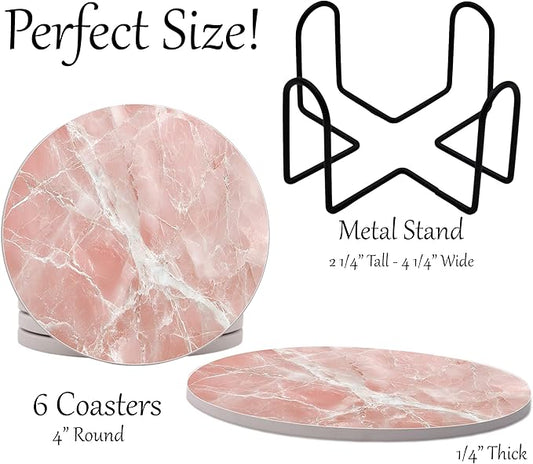 Pink Rose Quartz Agate Marble Round Coasters Set of 6 - Abosrbent Ceramic Coasters with Metal Stand for Drinks, Coffee, Non-Slip Cork Back Tabletop Protection, 4 Inches Marbled Pattern (White Pink)
