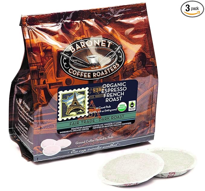 Baronet Coffee Pods [Organic Espresso French Roast-54 Pods] Single Cup Use for Senseo Machine - 3 Bags of 18 Single Serve 8 Gram, Regular Strength[Org Espresso Fr. Roast]