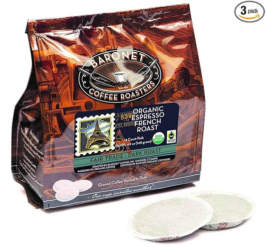 Baronet Coffee Pods [Organic Espresso French Roast-54 Pods] Single Cup Use for Senseo Machine - 3 Bags of 18 Single Serve 8 Gram, Regular Strength[Org Espresso Fr. Roast]