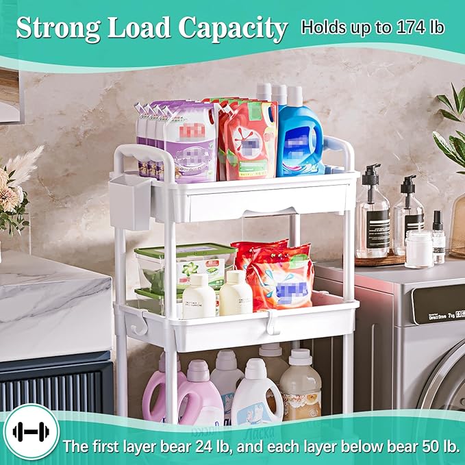 4 Tier Rolling Utility Cart with Drawer, Storage Organizer Cart with 2 Lockable Wheels, Multifunctional Rolling Storage Cart for Bathroom, Kitchen, Craft, Makeup, Baby Essentials, White