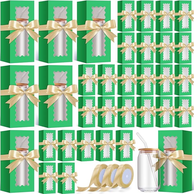 Windyun 100 Pcs Tumbler Gift Boxes for Sublimation Glass Exhibition Boxes Transparent for 12oz 16oz 20oz Shipping Cup Exhibition Packaging for Jars Mug Can Party Supplies(Green)