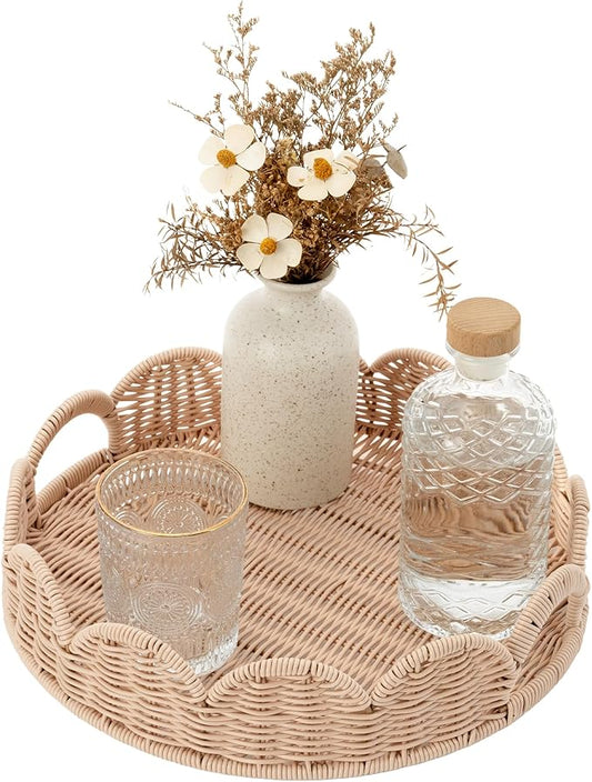 GRANNY SAYS Wicker Decorative Scalloped Trays for Home Decor, Coffee Table Trays with Handles, Woven Rattan Tray for Kitchen Counter, Round Serving Tray Decor for Living Room and Ottoman