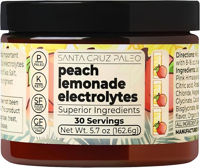 Santa Cruz Paleo Electrolyte Powder, Peach Lemonade Flavor, Sugar Free Hydration Drink Mix with Himalayan Pink Salt, Sea Salt, Magnesium Glycinate, Potassium Chloride, Sweetened with Stevia, 30 Srvgs