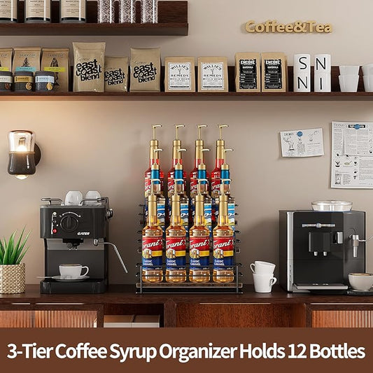 Nuovoware Coffee Syrup Organizer, 3-Tier 12 Bottles Bar Organizer, Separable Metal Rack with Wooden Base Whiskey Wine Dressing for Countertop Kitchen Coffee Bar, Black