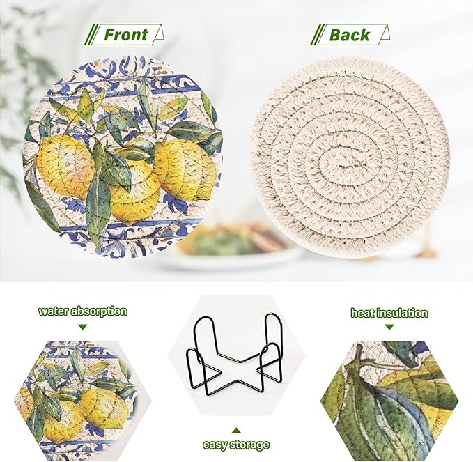 Cup Coasters for Drinks Lemon Olive Tree Italian Tile Coasters Set of 6, Absorbent Coaster with Holder Cotton Woven Coaster for Coffee Wooden Table Home Decor