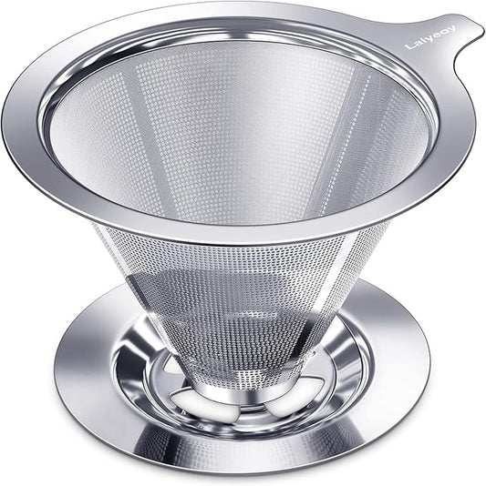 Laiyeoy Pour Over Coffee Dripper, Slow Drip Paperless Coffee Filter, Stainless Steel Pour Over Coffee Maker for Single Cup Brew, Double Mesh Design of Manual Reusable Cone Filter.