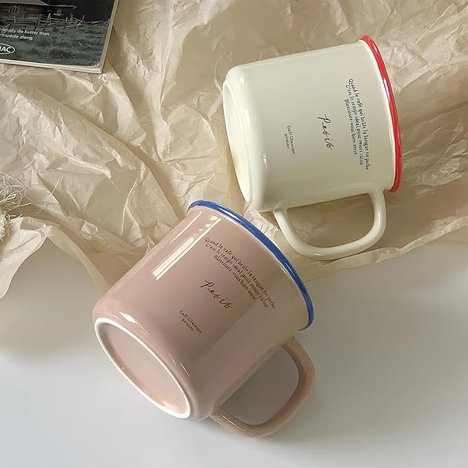 10 oz Retro Enamel-Style Coffee Mug, Minimalist Colorful Rim Ceramic Cups With Text Deign & Colorful Rims (Beige)