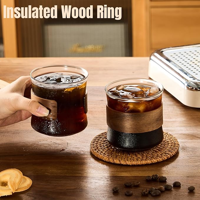 PARACITY Espresso Cups Set of 2 with Wooden Ring, 12 OZ High Borosilicate Espresso Shot Glass, Clear Small Expresso Shots Cup, Espresso Accessories