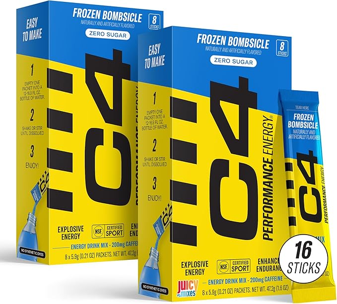 Juicy Mixes C4 Performance Energy, Frozen Bombsicle Drink Mix, 200mg Caffeine, Zero Sugar, NSF (2 Boxes, 16 Sticks)