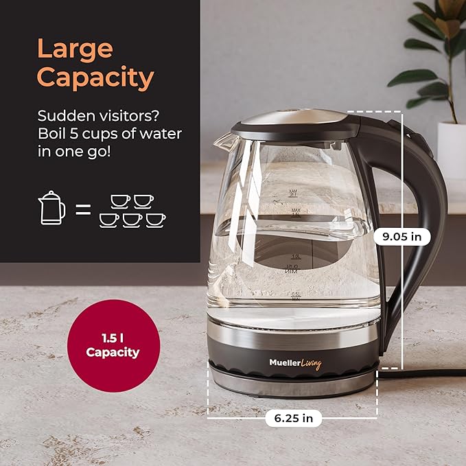 MuellerLiving Glass Kettle 1.5L 1500W LED Light Electric Tea Kettle Automatic Shut-Off with SpeedBoil Tech and Boil-Dry Protection (Pack of 2)