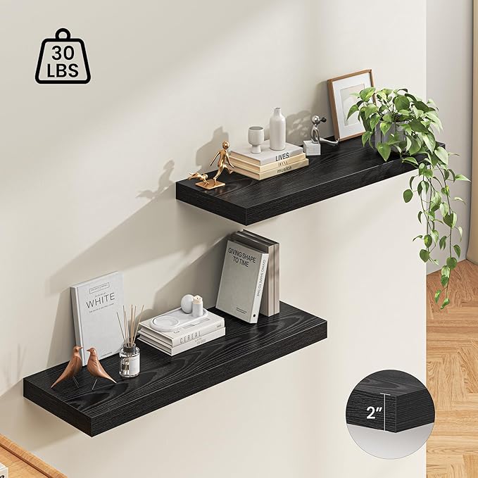 Dreamland 40" Floating Shelves for Wall, 12" Deep Thicker Black Floating Shelves, Wall-Mounted Shelves for Bedroom, Living Room, Kitchen, Bathroom - Set of 2