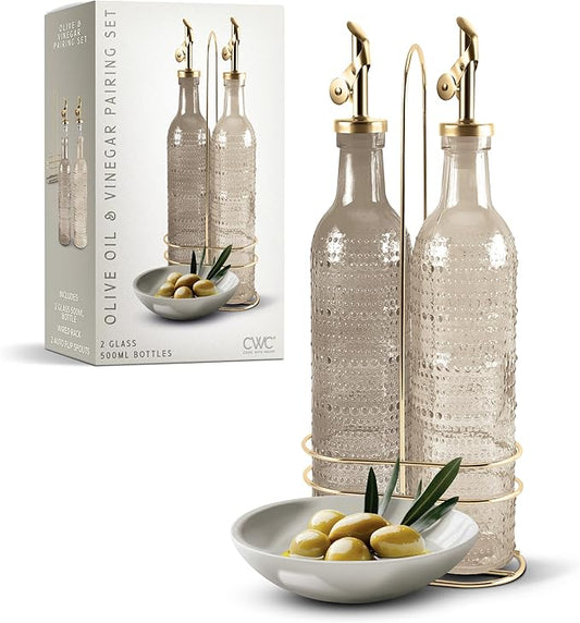 COOK WITH COLOR Glass Olive Oil Bottle Dispenser - 2 Pack- 17oz Oil and Vinegar Cruet - Olive Oil Carafe Decanter for Kitchen, Champagne Bubbles, Brown