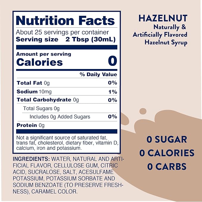 Jordan's Skinny Mixes Sugar Free Coffee Syrup, Hazelnut Coffee Flavoring Syrup, Zero Calorie Drink Mix, Lattes, Baking, Protein Shake or Cocktail, Dairy & Gluten Free, Kosher, 25.4 Fl Oz