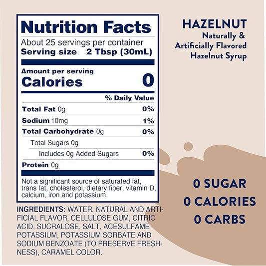 Jordan's Skinny Mixes Sugar Free Coffee Syrup, Hazelnut Coffee Flavoring Syrup, Zero Calorie Drink Mix, Lattes, Baking, Protein Shake or Cocktail, Dairy & Gluten Free, Kosher, 25.4 Fl Oz