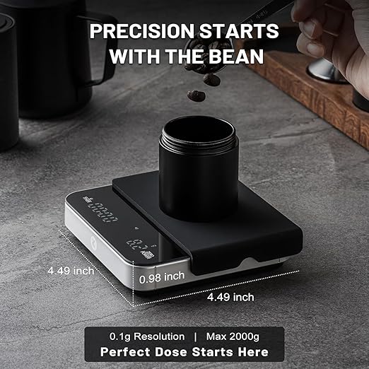 KitchenTour CaféMetric Coffee Scale with Timer 0.1g/2000g - Precision Small Scale for Espresso & Pour Over - Mini Scale with LED Display (Silver, AAA Battery)