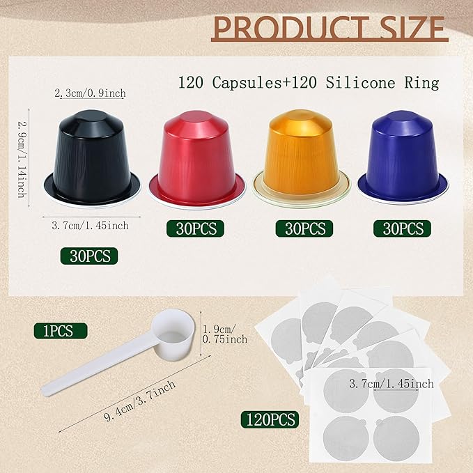 Espresso Capsules Disposable Coffee Pods For Nespresso Original Line,Fillable Empty Aluminum Foil Coffee Filter Capsule,Replacement Pods Kit For Nespresso Coffee Machines (120 Pods+120 Seals Lids)