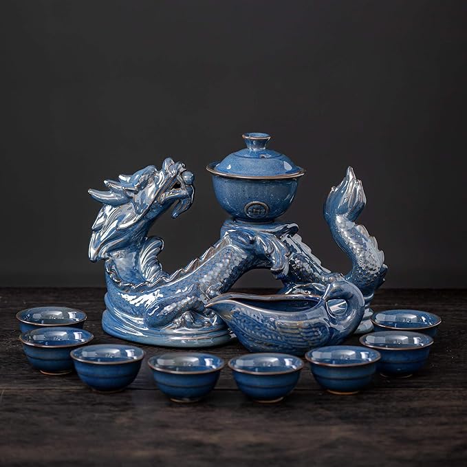 Ceramic Teapot with Infuser Semi Automatic Tea Set Magic Teapot with 8 cups Gradient Color (Blue Dragon- A)