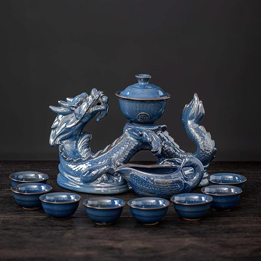 Ceramic Teapot with Infuser Semi Automatic Tea Set Magic Teapot with 8 cups Gradient Color (Blue Dragon- A)