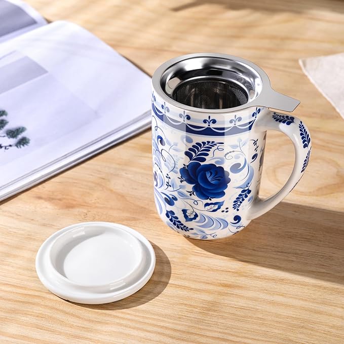 GBhome Tea Mug with Infuser and Lid, 18 Ounce Large Ceramic Loose Leaf Cup, Microwave, Dishwasher Safe, Perfect For Tea Lovers