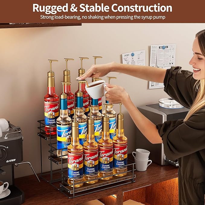 Nuovoware Coffee Syrup Organizer, 3-Tier 12 Bottles Bar Organizer, Separable Metal Rack with Wooden Base Whiskey Wine Dressing for Countertop Kitchen Coffee Bar, Black