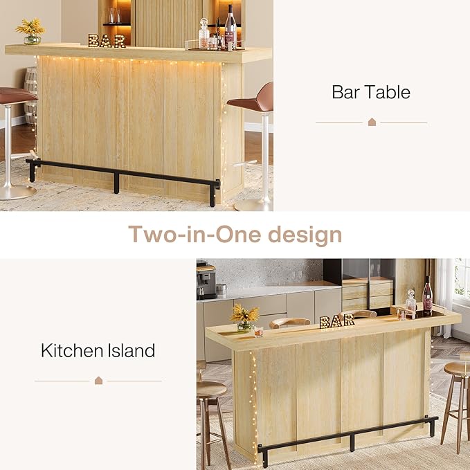 Tribesigns 4-Tier Bar Table, 70.9-Inch Large Wooden Home Bar Unit with Wine Glass Holder and Black Footrest, Pub Table with Storage Shelves for Home, Patio, Basement, Oak