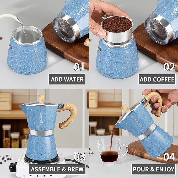 Mongdio Stovetop Espresso Maker Moka Pot, Cuban Coffee Maker Stove top coffee maker Moka Italian Espresso Greca Coffee Maker Brewer Percolator, 6 Espresso Cups, 10 oz - Blue