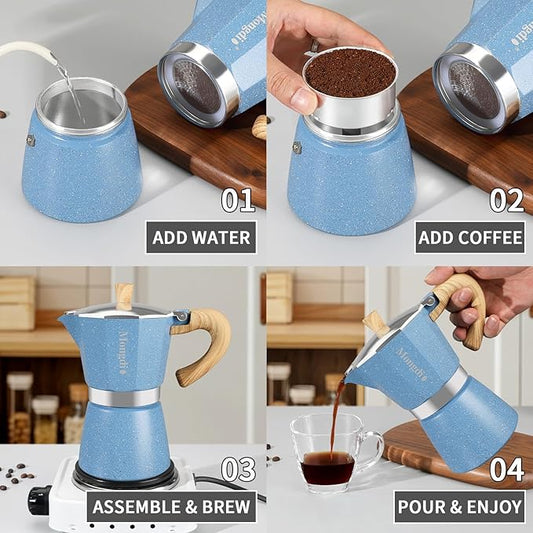 Mongdio Stovetop Espresso Maker Moka Pot, Cuban Coffee Maker Stove top coffee maker Moka Italian Espresso Greca Coffee Maker Brewer Percolator, 6 Espresso Cups, 10 oz - Blue