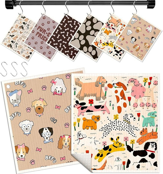 Kitchen Swedish Dishcloths with Hooks - 6 Pack Reusable Dish Cloths for Washing Dishes Fast Drying Cute Fun Swedish Dish Towels Washable Cleaning Sponge, Furry Dog