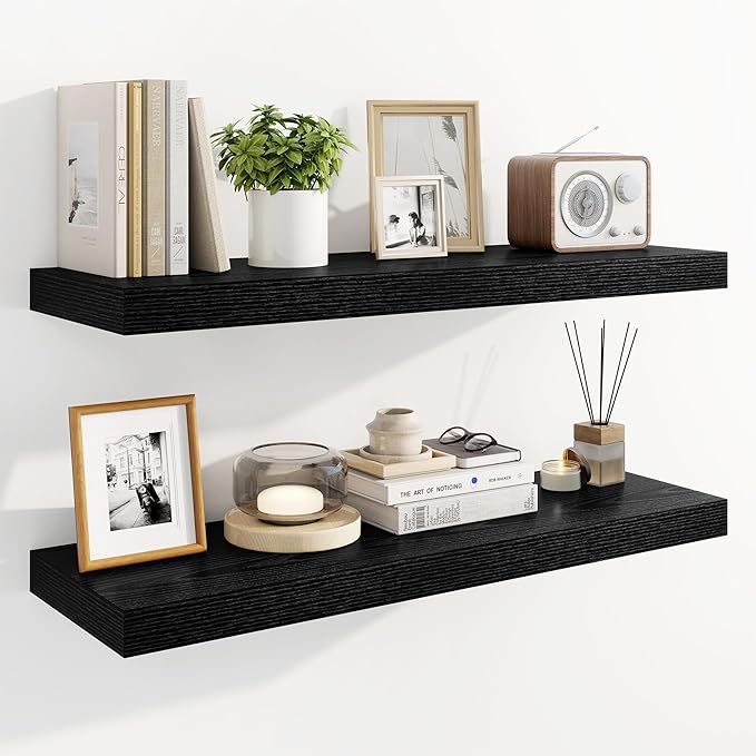 Marsmiles 32" Floating Shelves for Wall, Wooden Shelves with Invisible Brackets Set of 2, Rustic Farmhouse Wall Mounted Shelf for Kitchen Bathroom Living Room Study, Black