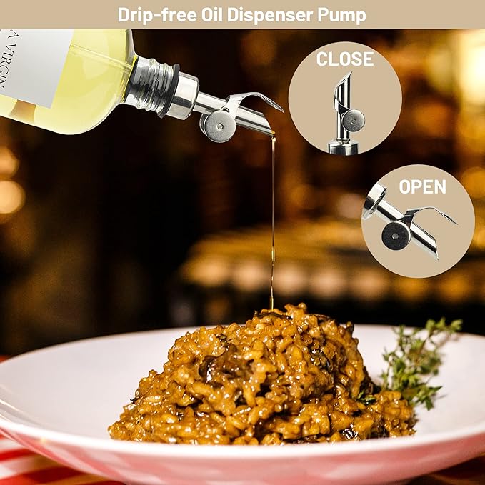 3PCS Oil Dispensers with Labels 16.23oz Kitchen Cooking Glass Bottles Containers with 304 Stainless Steel Automatic Pump Heads Anti-Corrosion & Rustproof