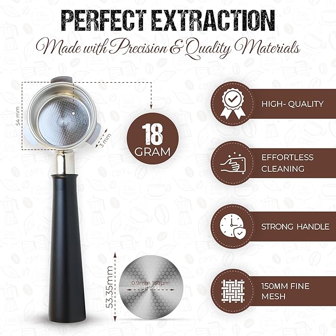 54mm Bottomless Naked Portafilter - Aluminum Alloy – Compatible with 54mm Breville Espresso Machines – Includes 18g Filter Basket & 53.35mm Puck Screen, 0.9mm 150μm