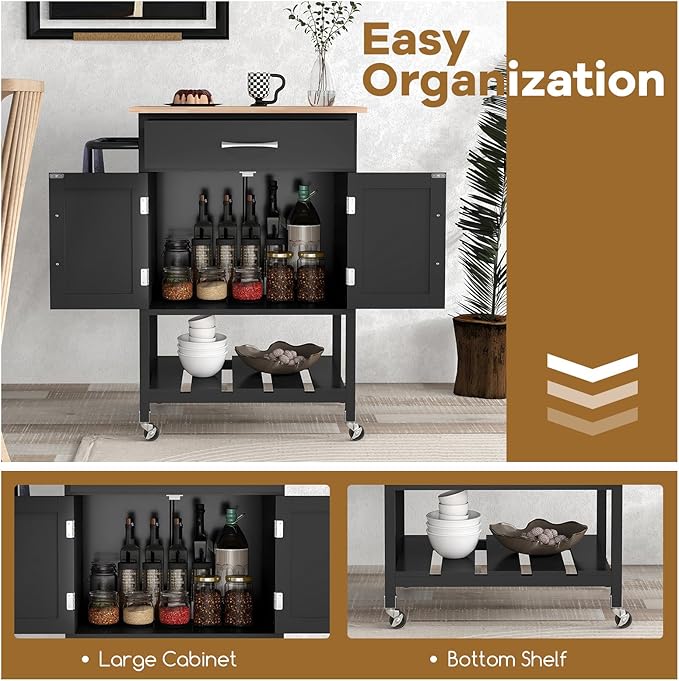 Giantex Rolling Kitchen Island Cart, Mobile Serving Cart with Drawer, 2-Door Storage Cabinet, Storage Shelf, Towel Rack, Food Prep Utility Cart on Wheels for Dining Room, Living Room (Black)