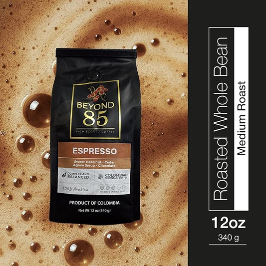 BEYOND 85 COFFEE, Espresso, Premium Colombian Coffee, Medium Roast, Fruity, Nutty & Chocolatey Notes, Whole Bean, 12 OZ
