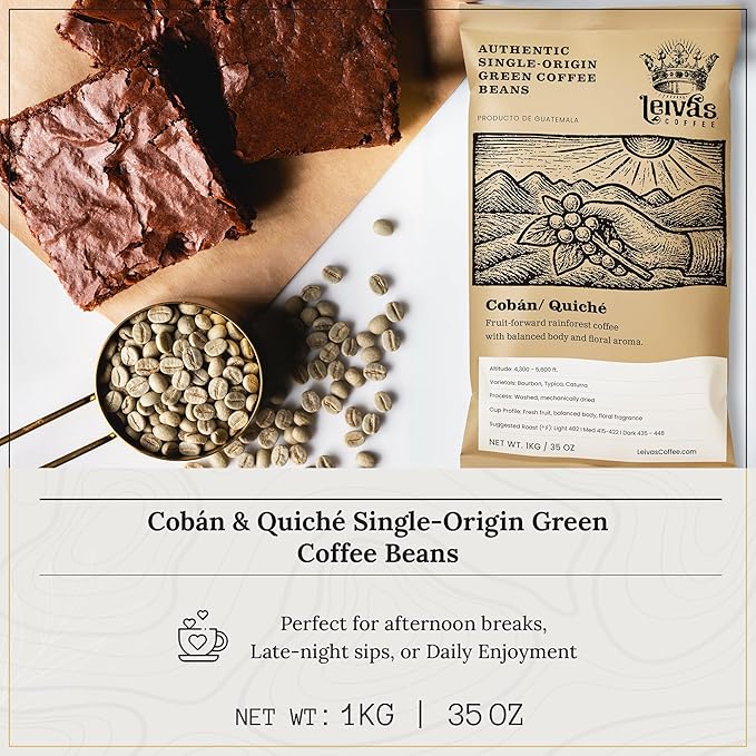 Leiva’s Unroasted Green Coffee Beans (1kg) – Coban/Quiche Single Origin Coffee w/Floral & Fresh Fruit Notes – Washed, Shade Grown Organic Guatemala Beans – Balanced, Whole Bean Unroasted Blend