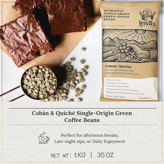 Leiva’s Unroasted Green Coffee Beans (1kg) – Coban/Quiche Single Origin Coffee w/Floral & Fresh Fruit Notes – Washed, Shade Grown Organic Guatemala Beans – Balanced, Whole Bean Unroasted Blend