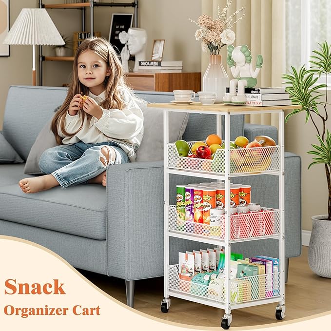 Kitchen Microwave Cart with Fruit Baskets, 4 Tier Microwave Table Stand with Storage, Kitchen Storge Shelf on Wheels Small Rolling Cart Organizer Rack for Pantry, Living Room, Bathroom