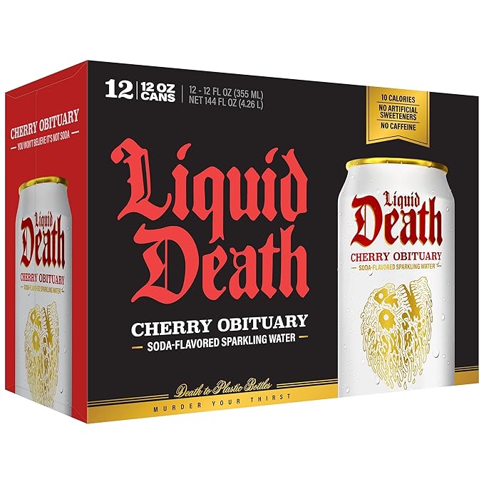 Liquid Death Soda-Flavored Sparkling Water - Cherry Obituary, Less Sugar*, Huge Flavor, No Caffeine, No Artificial Sweeteners, 12 Fl Oz (Pack of 12)