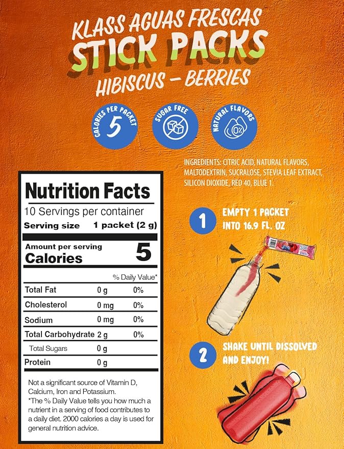 Klass Aguas Frescas, Powdered Drink Mix, 40 Singles Zero Sugar & Caffeine-Free Powder Packets, Water Drink Mix, Flavor: Hibiscus Berries - 5 Calories Per Packet & Natural Flavors