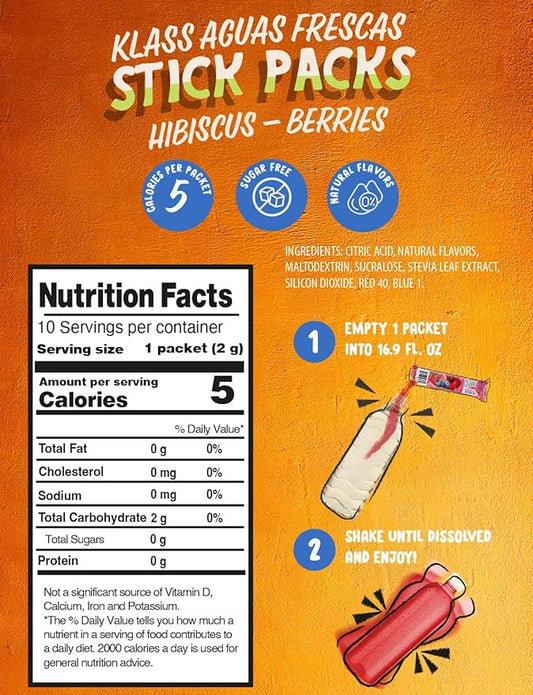 Klass Aguas Frescas, Powdered Drink Mix, 40 Singles Zero Sugar & Caffeine-Free Powder Packets, Water Drink Mix, Flavor: Hibiscus Berries - 5 Calories Per Packet & Natural Flavors