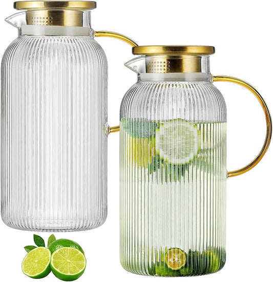 2 PACK Glass Pitcher with Lid, 68 oz/ 2 Liter Classic Vertical Stripes Water Pitcher with Yellow Handle,Glass Water Carafe for Cold Brew, Coffee, Lemonade, Iced Sun Tea,Beverage,Heat Resistant