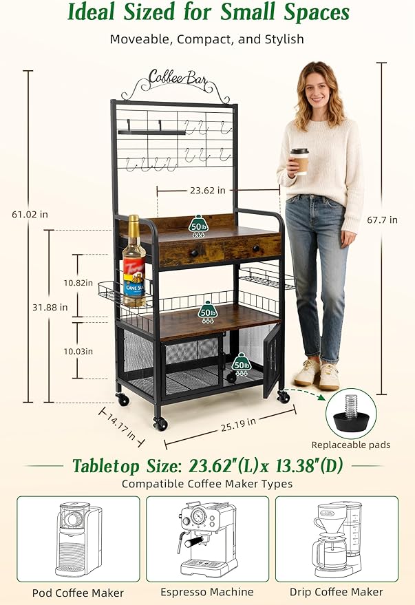 Rolling Coffee Bar Cart for Small Spaces, Coffee Station Cabinet with Storage, Apartment Coffee Nook, Side Syrup Rack, Tea Pod Drawer, Magnetic Doors, Lockable Wheels, Rustic Brown