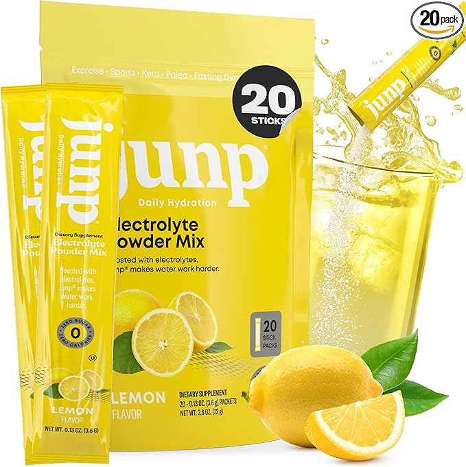 JUNP Sugar Free Electrolytes Powder Packets for Water Instant Hydration Packets with Salt & Potassium, Zero Calorie, No Carbs, No Sugar Electrolyte Drink Mix Sticks, Keto Friendly, Lemonade 20 Pack