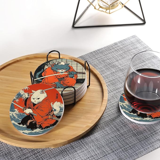 LOKMU Coasters for Drinks, Round Absorbent Ceramic Stone Coaster Sets of 6 with Metal Holder Stand, Japanese Cat Coasters with Cork Base for Coffee Wooden Table, Housewarming Gifts