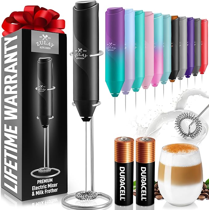 Zulay Kitchen Powerful Milk Frother AA Batteries Included – Ultra Fast Handheld Drink Mixer with Stainless Steel Whisk Stirrer for Coffee, Protein, Matcha & More, Frother Wand Electric Frothmate Black